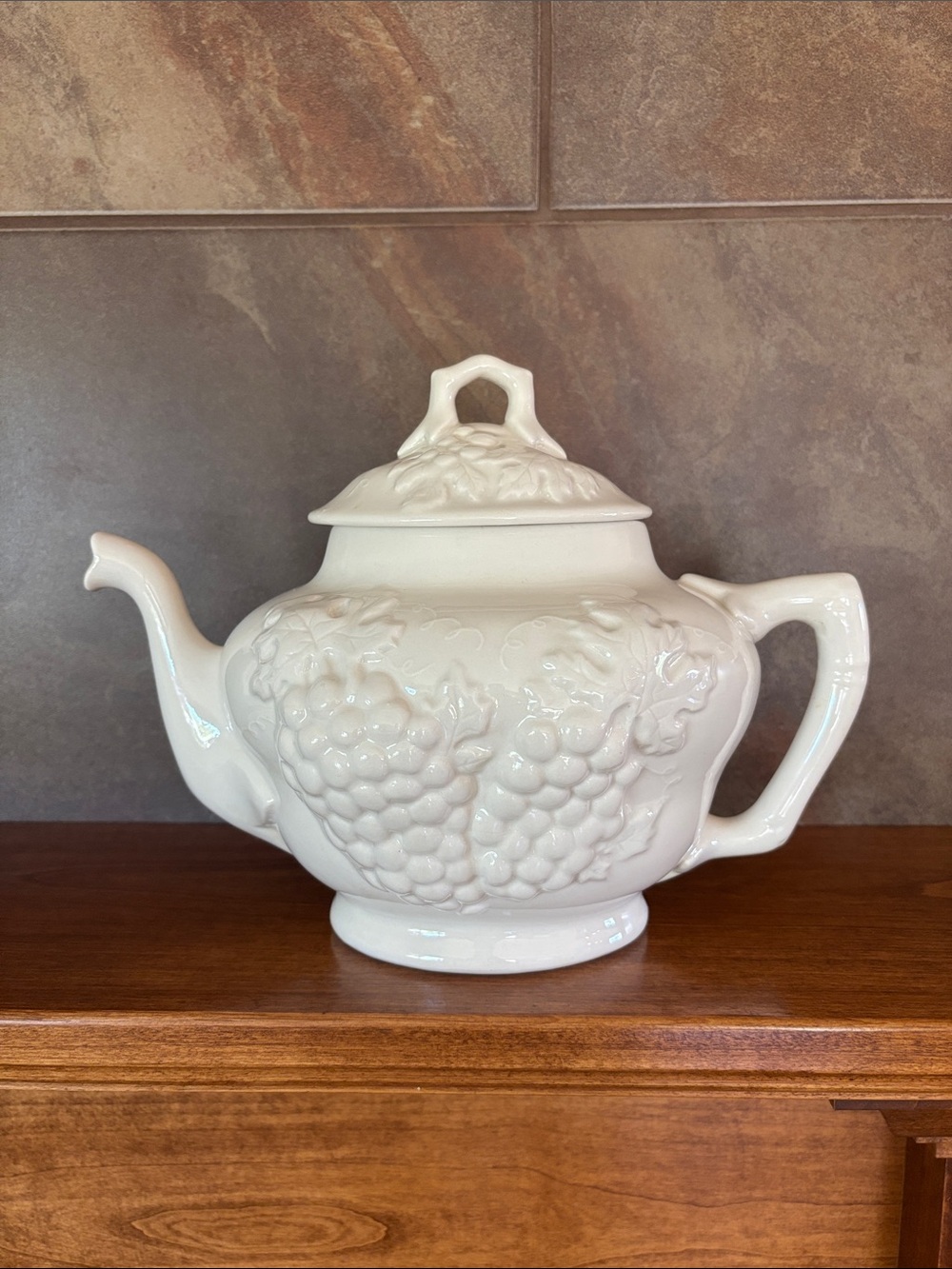 Marcia of Calif Vintage Cream Ceramic Teapot with Grape Relief